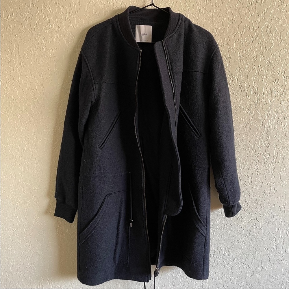 Mango suit navy blue wool coat jacket zip up and drawstring XS - Picture 7 of 11